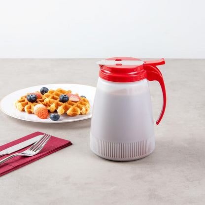 Chef 101 48 Ounce All Purpose Syrup Dispenser, 1 Honey Dispenser - Red Top, Stainless Steel Slide Cover, Plastic Pancake Syrup Bottle, Perfect For Diners, Restaurants, Home