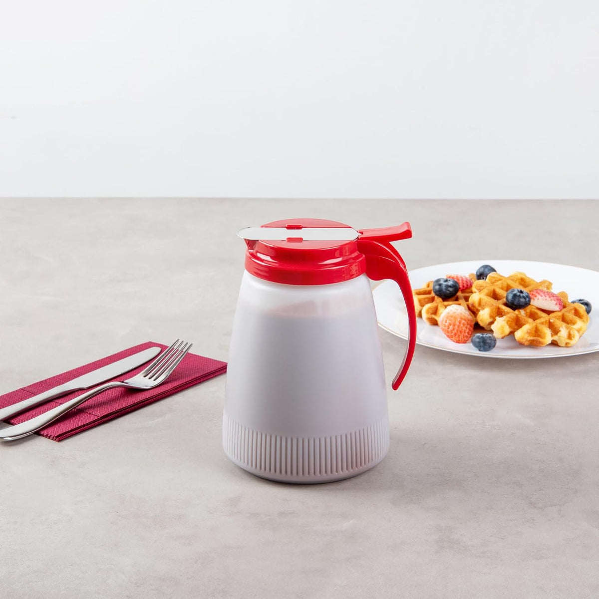 Chef 101 48 Ounce All Purpose Syrup Dispenser, 1 Honey Dispenser - Red Top, Stainless Steel Slide Cover, Plastic Pancake Syrup Bottle, Perfect For Diners, Restaurants, Home