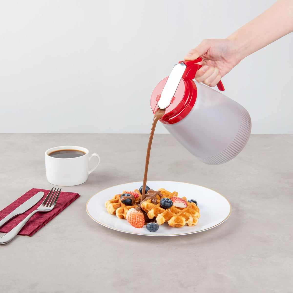 Chef 101 48 Ounce All Purpose Syrup Dispenser, 1 Honey Dispenser - Red Top, Stainless Steel Slide Cover, Plastic Pancake Syrup Bottle, Perfect For Diners, Restaurants, Home