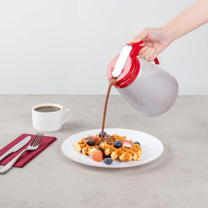Chef 101 48 Ounce All Purpose Syrup Dispenser, 1 Honey Dispenser - Red Top, Stainless Steel Slide Cover, Plastic Pancake Syrup Bottle, Perfect For Diners, Restaurants, Home