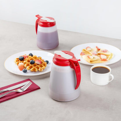 Chef 101 48 Ounce All Purpose Syrup Dispenser, 1 Honey Dispenser - Red Top, Stainless Steel Slide Cover, Plastic Pancake Syrup Bottle, Perfect For Diners, Restaurants, Home