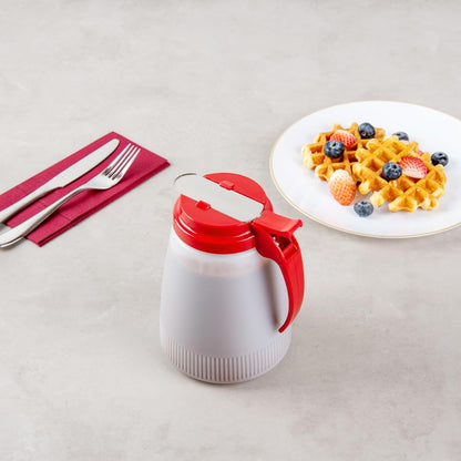 Chef 101 48 Ounce All Purpose Syrup Dispenser, 1 Honey Dispenser - Red Top, Stainless Steel Slide Cover, Plastic Pancake Syrup Bottle, Perfect For Diners, Restaurants, Home