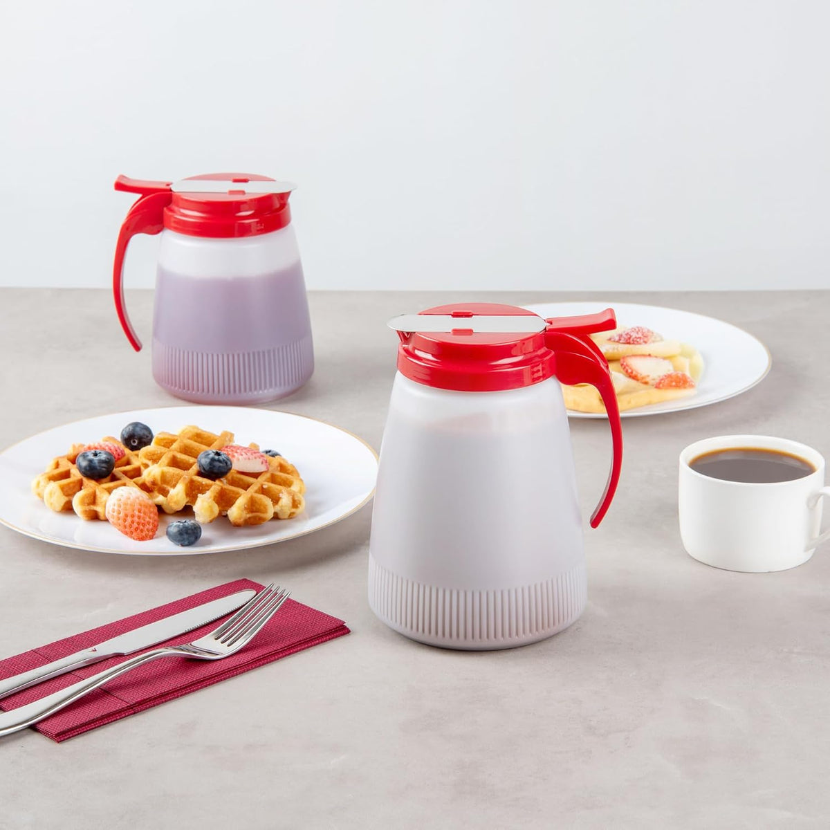 Chef 101 48 Ounce All Purpose Syrup Dispenser, 1 Honey Dispenser - Red Top, Stainless Steel Slide Cover, Plastic Pancake Syrup Bottle, Perfect For Diners, Restaurants, Home