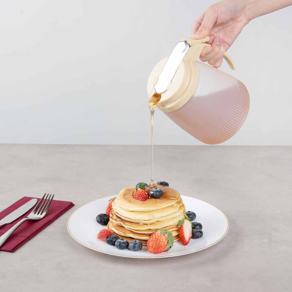 Chef 101 48 Ounce All Purpose Syrup Dispenser, 1 Honey Dispenser - Red Top, Stainless Steel Slide Cover, Plastic Pancake Syrup Bottle, Perfect For Diners, Restaurants, Home