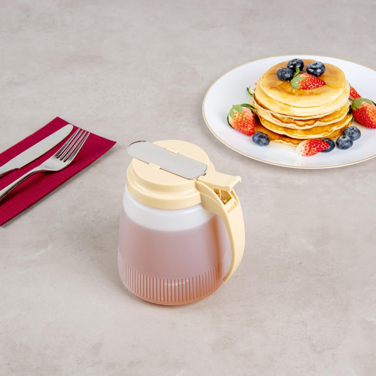 Chef 101 48 Ounce All Purpose Syrup Dispenser, 1 Honey Dispenser - Red Top, Stainless Steel Slide Cover, Plastic Pancake Syrup Bottle, Perfect For Diners, Restaurants, Home