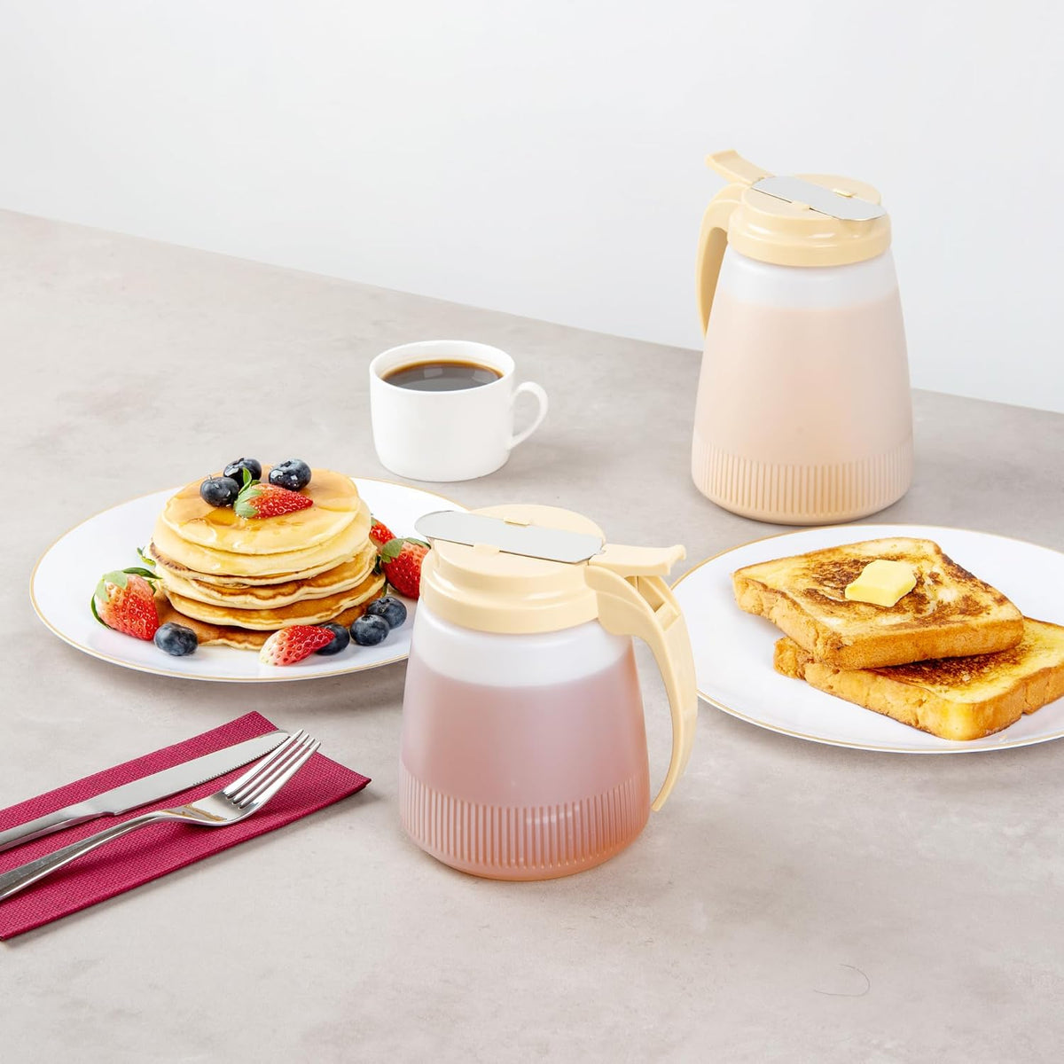 Chef 101 48 Ounce All Purpose Syrup Dispenser, 1 Honey Dispenser - Red Top, Stainless Steel Slide Cover, Plastic Pancake Syrup Bottle, Perfect For Diners, Restaurants, Home
