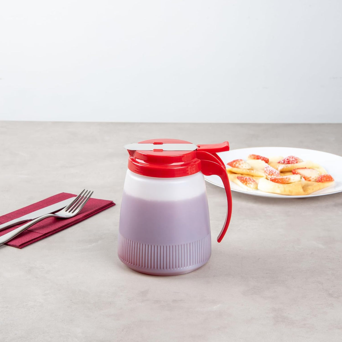 Chef 101 48 Ounce All Purpose Syrup Dispenser, 1 Honey Dispenser - Red Top, Stainless Steel Slide Cover, Plastic Pancake Syrup Bottle, Perfect For Diners, Restaurants, Home