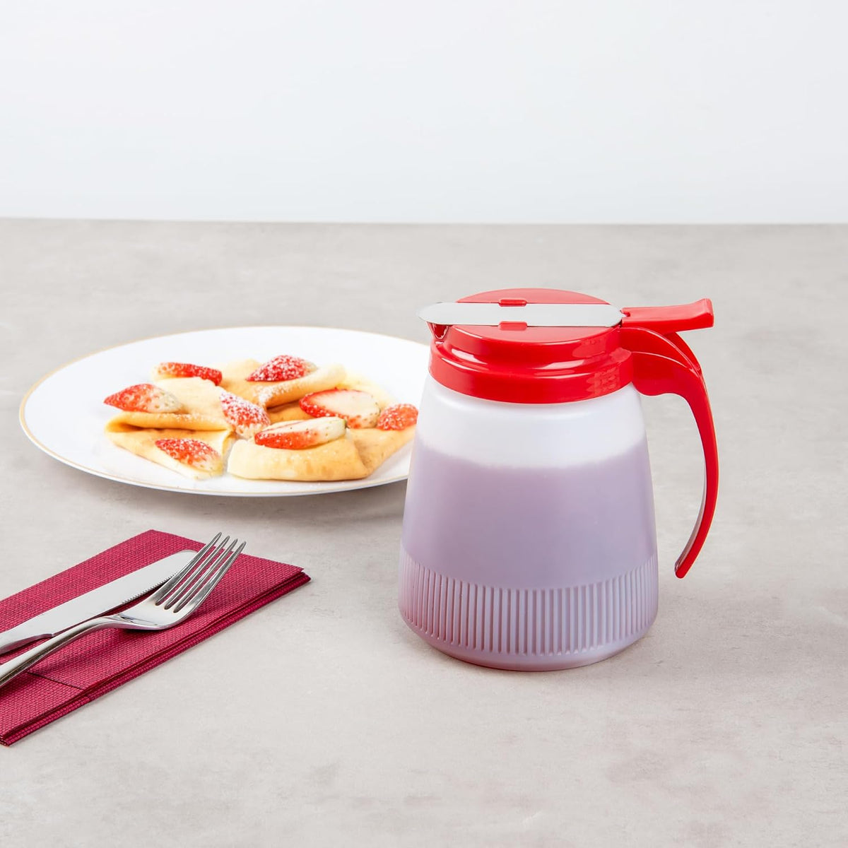 Chef 101 48 Ounce All Purpose Syrup Dispenser, 1 Honey Dispenser - Red Top, Stainless Steel Slide Cover, Plastic Pancake Syrup Bottle, Perfect For Diners, Restaurants, Home