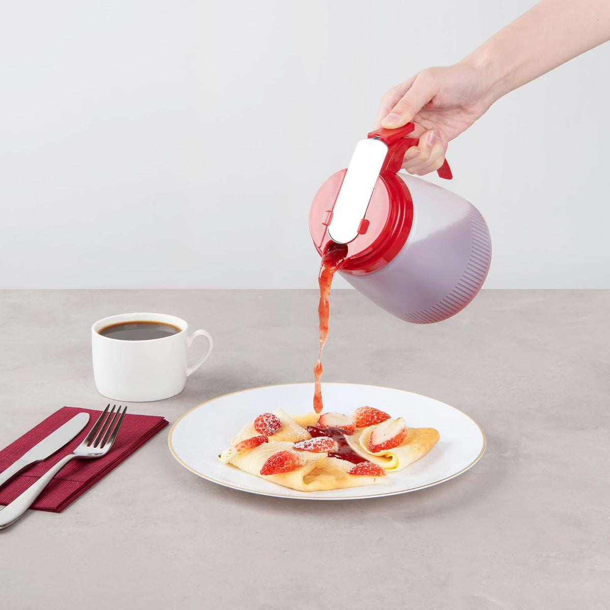 Chef 101 48 Ounce All Purpose Syrup Dispenser, 1 Honey Dispenser - Red Top, Stainless Steel Slide Cover, Plastic Pancake Syrup Bottle, Perfect For Diners, Restaurants, Home