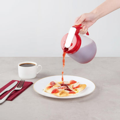 Chef 101 48 Ounce All Purpose Syrup Dispenser, 1 Honey Dispenser - Red Top, Stainless Steel Slide Cover, Plastic Pancake Syrup Bottle, Perfect For Diners, Restaurants, Home