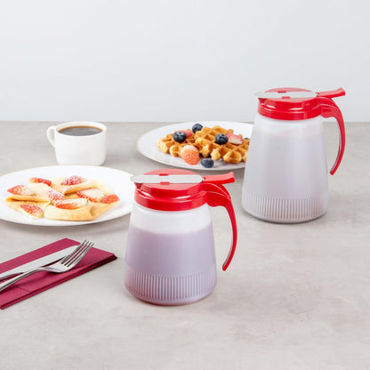 Chef 101 48 Ounce All Purpose Syrup Dispenser, 1 Honey Dispenser - Red Top, Stainless Steel Slide Cover, Plastic Pancake Syrup Bottle, Perfect For Diners, Restaurants, Home