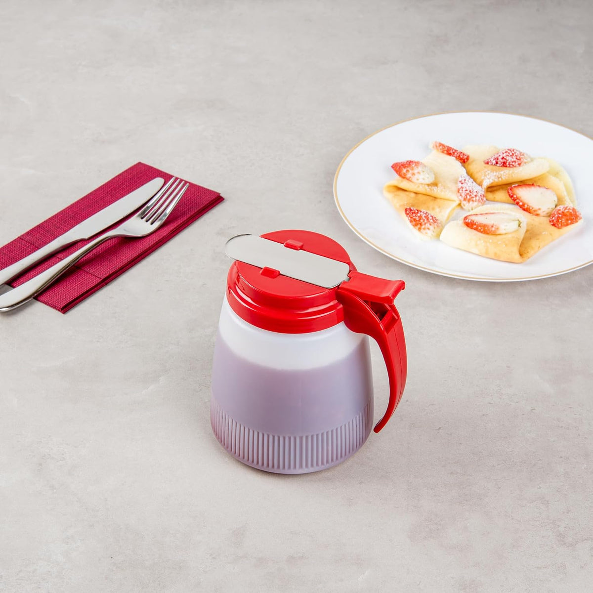 Chef 101 48 Ounce All Purpose Syrup Dispenser, 1 Honey Dispenser - Red Top, Stainless Steel Slide Cover, Plastic Pancake Syrup Bottle, Perfect For Diners, Restaurants, Home