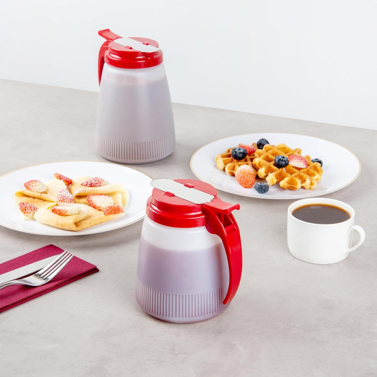 Chef 101 48 Ounce All Purpose Syrup Dispenser, 1 Honey Dispenser - Red Top, Stainless Steel Slide Cover, Plastic Pancake Syrup Bottle, Perfect For Diners, Restaurants, Home