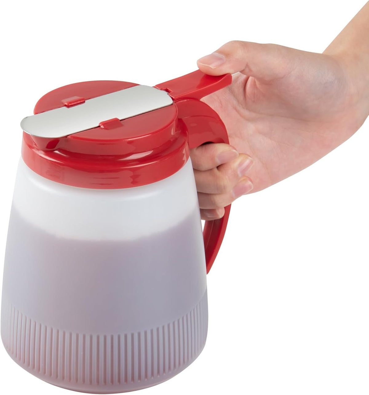 Chef 101 48 Ounce All Purpose Syrup Dispenser, 1 Honey Dispenser - Red Top, Stainless Steel Slide Cover, Plastic Pancake Syrup Bottle, Perfect For Diners, Restaurants, Home