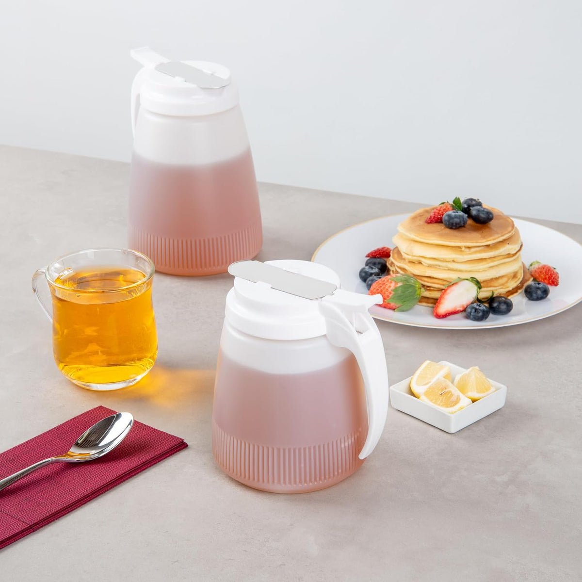 Chef 101 48 Ounce All Purpose Syrup Dispenser, 1 Honey Dispenser - Red Top, Stainless Steel Slide Cover, Plastic Pancake Syrup Bottle, Perfect For Diners, Restaurants, Home