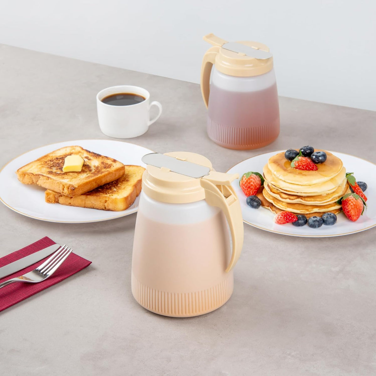 Chef 101 48 Ounce All Purpose Syrup Dispenser, 1 Honey Dispenser - Red Top, Stainless Steel Slide Cover, Plastic Pancake Syrup Bottle, Perfect For Diners, Restaurants, Home