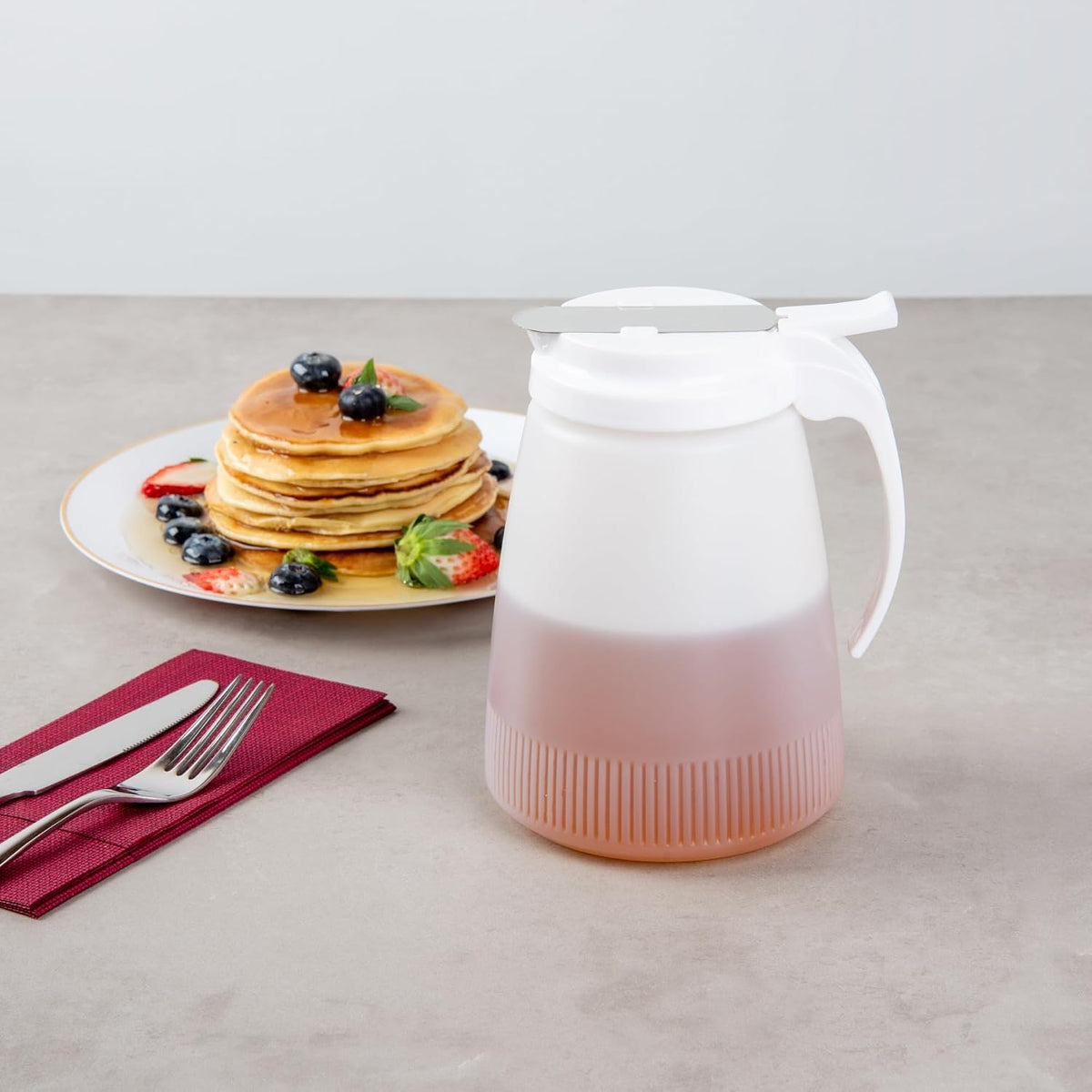 Chef 101 48 Ounce All Purpose Syrup Dispenser, 1 Honey Dispenser - Red Top, Stainless Steel Slide Cover, Plastic Pancake Syrup Bottle, Perfect For Diners, Restaurants, Home