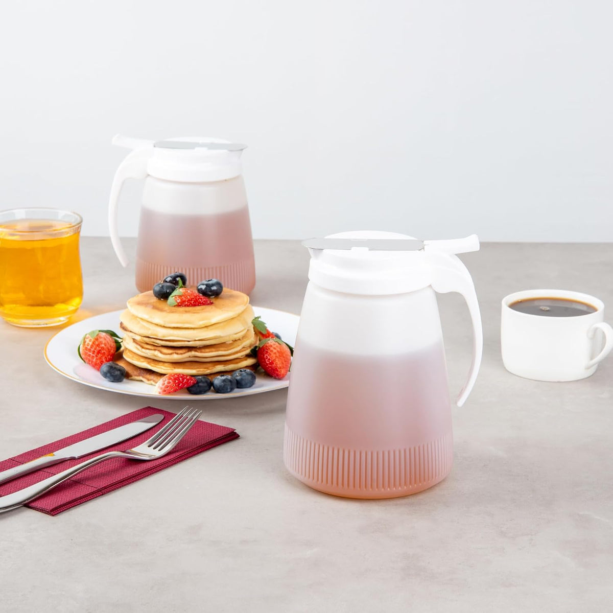 Chef 101 48 Ounce All Purpose Syrup Dispenser, 1 Honey Dispenser - Red Top, Stainless Steel Slide Cover, Plastic Pancake Syrup Bottle, Perfect For Diners, Restaurants, Home