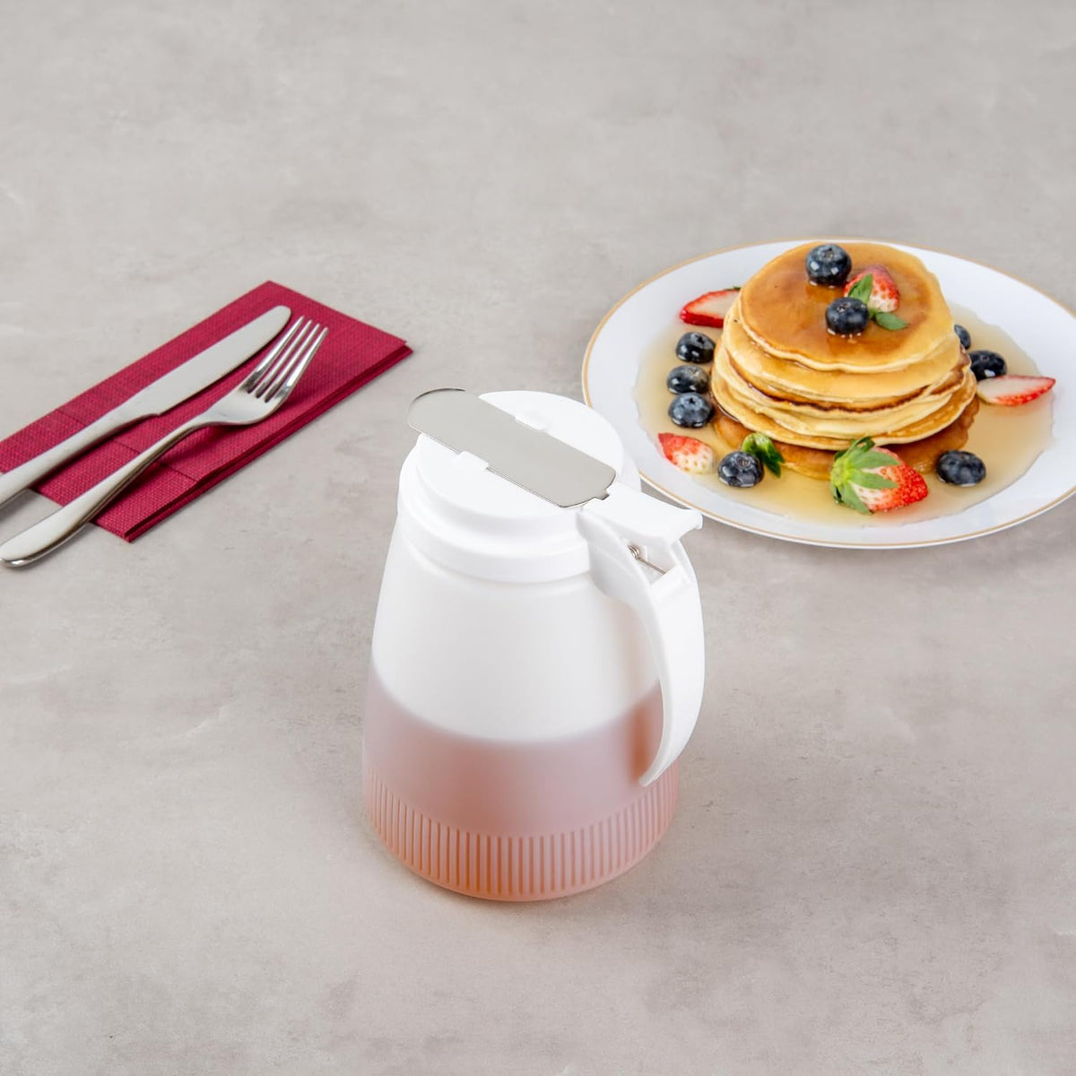 Chef 101 48 Ounce All Purpose Syrup Dispenser, 1 Honey Dispenser - Red Top, Stainless Steel Slide Cover, Plastic Pancake Syrup Bottle, Perfect For Diners, Restaurants, Home