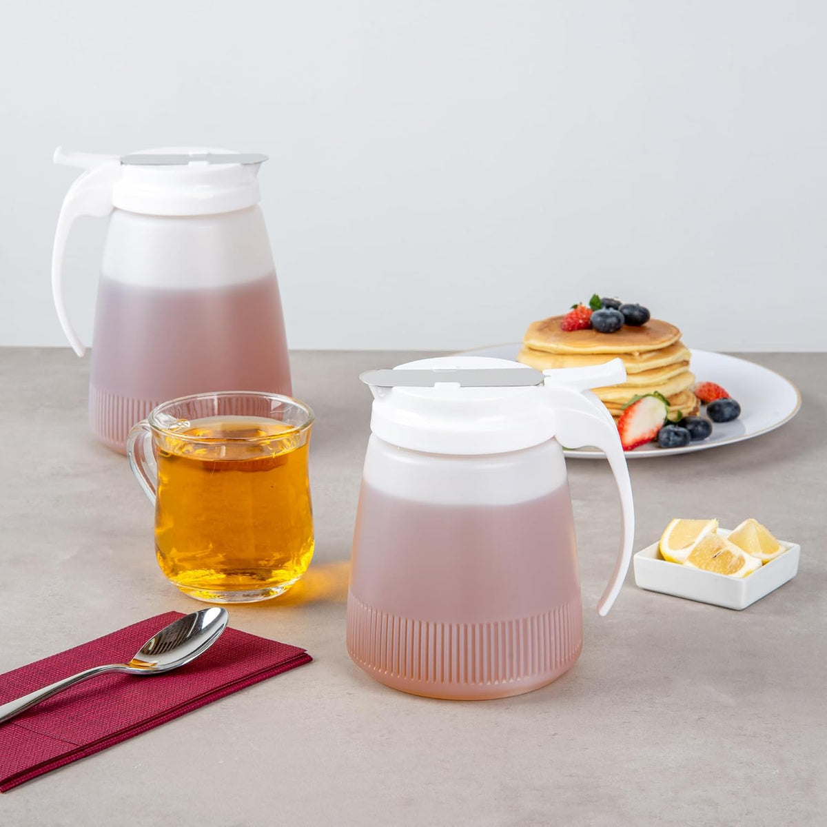 Chef 101 48 Ounce All Purpose Syrup Dispenser, 1 Honey Dispenser - Red Top, Stainless Steel Slide Cover, Plastic Pancake Syrup Bottle, Perfect For Diners, Restaurants, Home