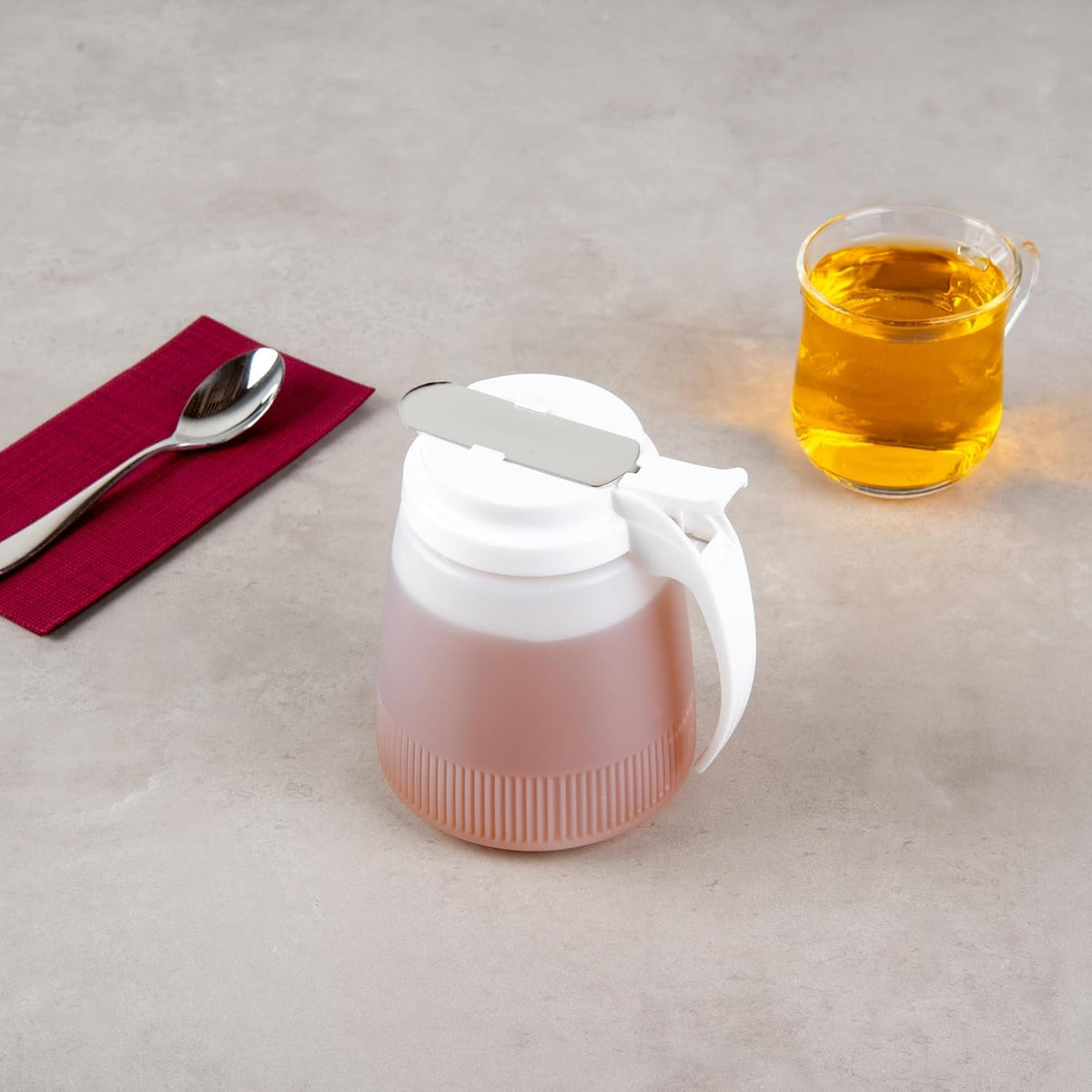 Chef 101 48 Ounce All Purpose Syrup Dispenser, 1 Honey Dispenser - Red Top, Stainless Steel Slide Cover, Plastic Pancake Syrup Bottle, Perfect For Diners, Restaurants, Home