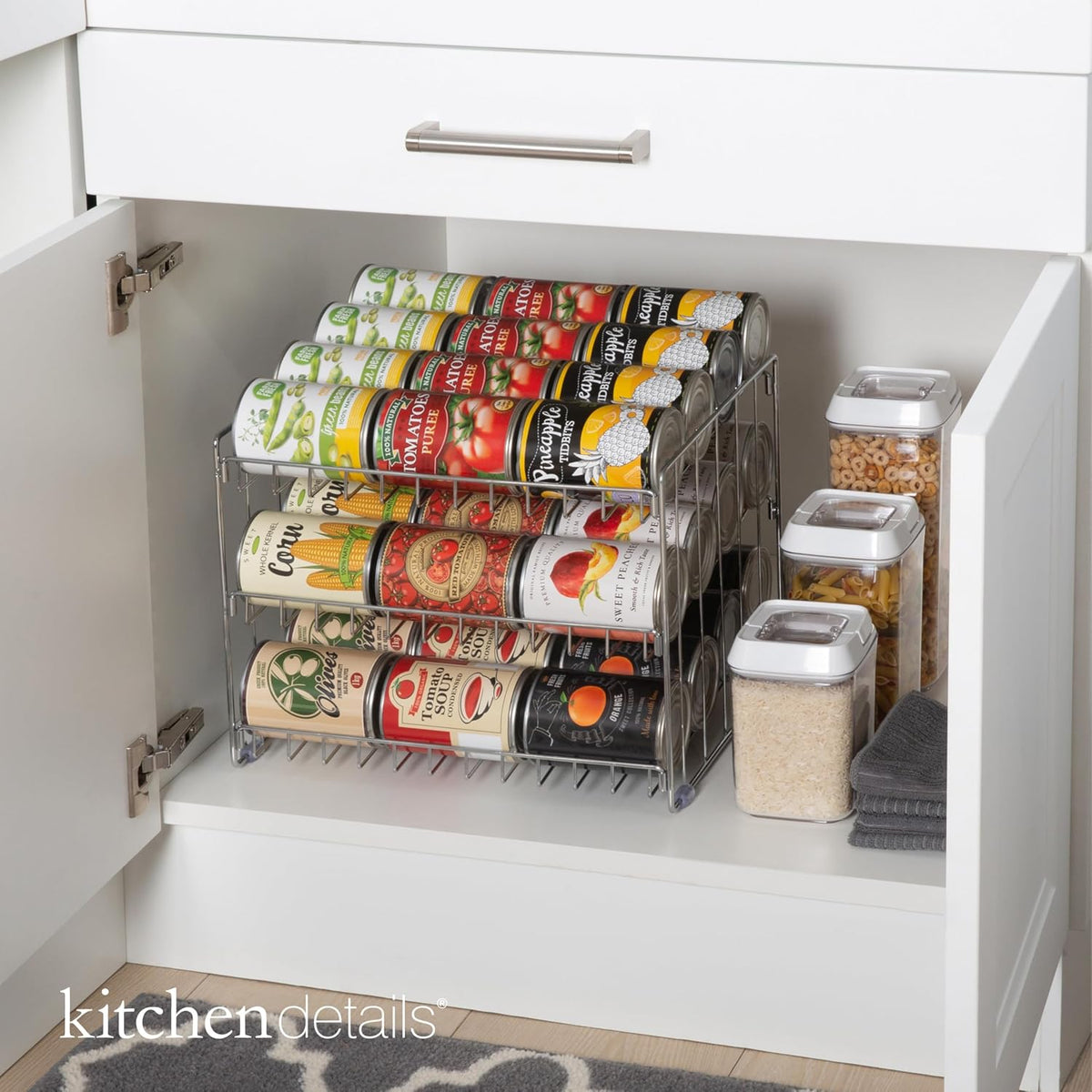 3 Tier Can Organizer | Chrome Steel Canned Food Storage Rack | Holds 36 Cans | Space-Saving Pantry & Cabinet Storage Solution | Easy Access to Canned Goods | Freestanding Design