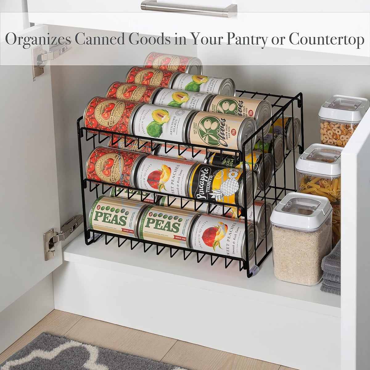 3 Tier Can Organizer | Chrome Steel Canned Food Storage Rack | Holds 36 Cans | Space-Saving Pantry & Cabinet Storage Solution | Easy Access to Canned Goods | Freestanding Design