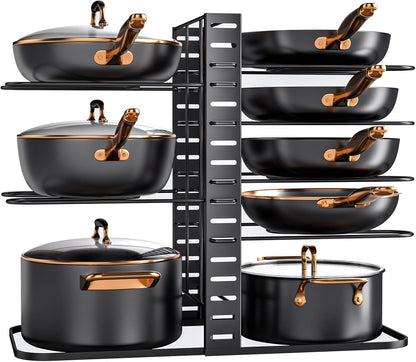 8-Tier Lightweight Pots and Pans Organizer under Cabinet, 14.55" H | 3 DIY Methods, Adjustable pot rack, Fits 6"-11" pots and pans, Pot lid organizer inside cabinet, Kitchen storage
