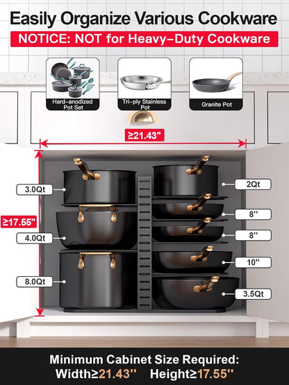 8-Tier Lightweight Pots and Pans Organizer under Cabinet, 14.55" H | 3 DIY Methods, Adjustable pot rack, Fits 6"-11" pots and pans, Pot lid organizer inside cabinet, Kitchen storage