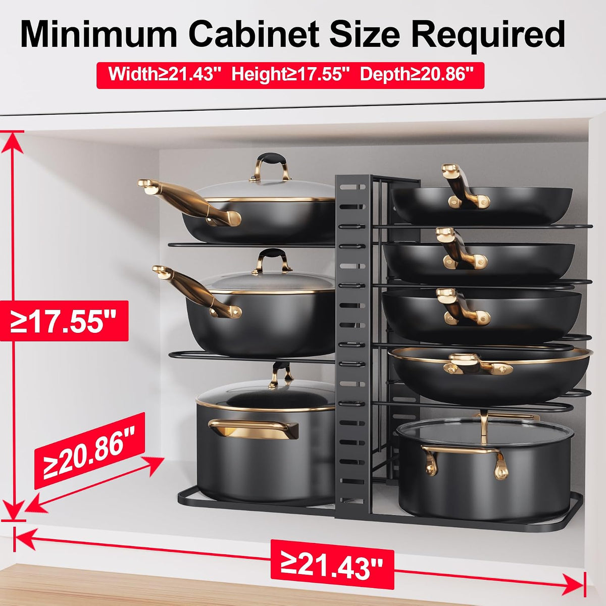 8-Tier Lightweight Pots and Pans Organizer under Cabinet, 14.55" H | 3 DIY Methods, Adjustable pot rack, Fits 6"-11" pots and pans, Pot lid organizer inside cabinet, Kitchen storage