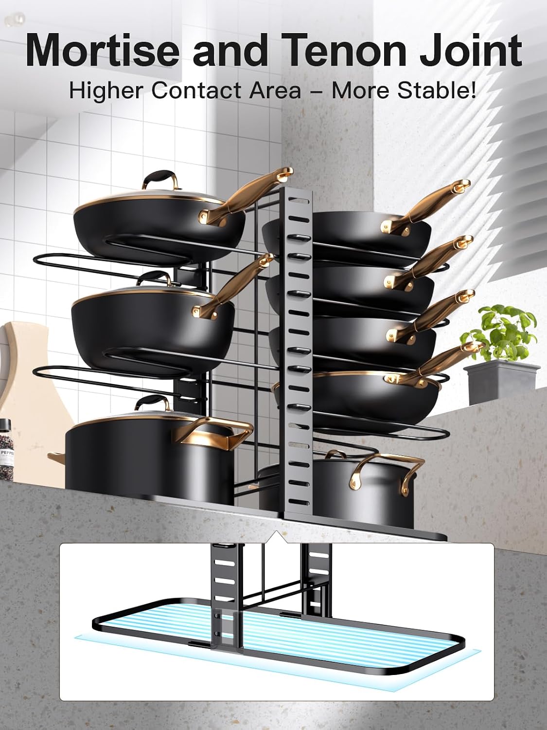 8-Tier Lightweight Pots and Pans Organizer under Cabinet, 14.55" H | 3 DIY Methods, Adjustable pot rack, Fits 6"-11" pots and pans, Pot lid organizer inside cabinet, Kitchen storage