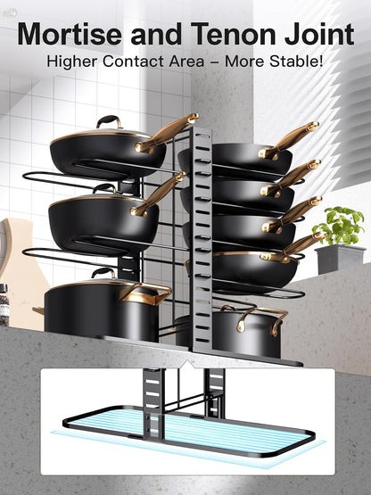 8-Tier Lightweight Pots and Pans Organizer under Cabinet, 14.55" H | 3 DIY Methods, Adjustable pot rack, Fits 6"-11" pots and pans, Pot lid organizer inside cabinet, Kitchen storage