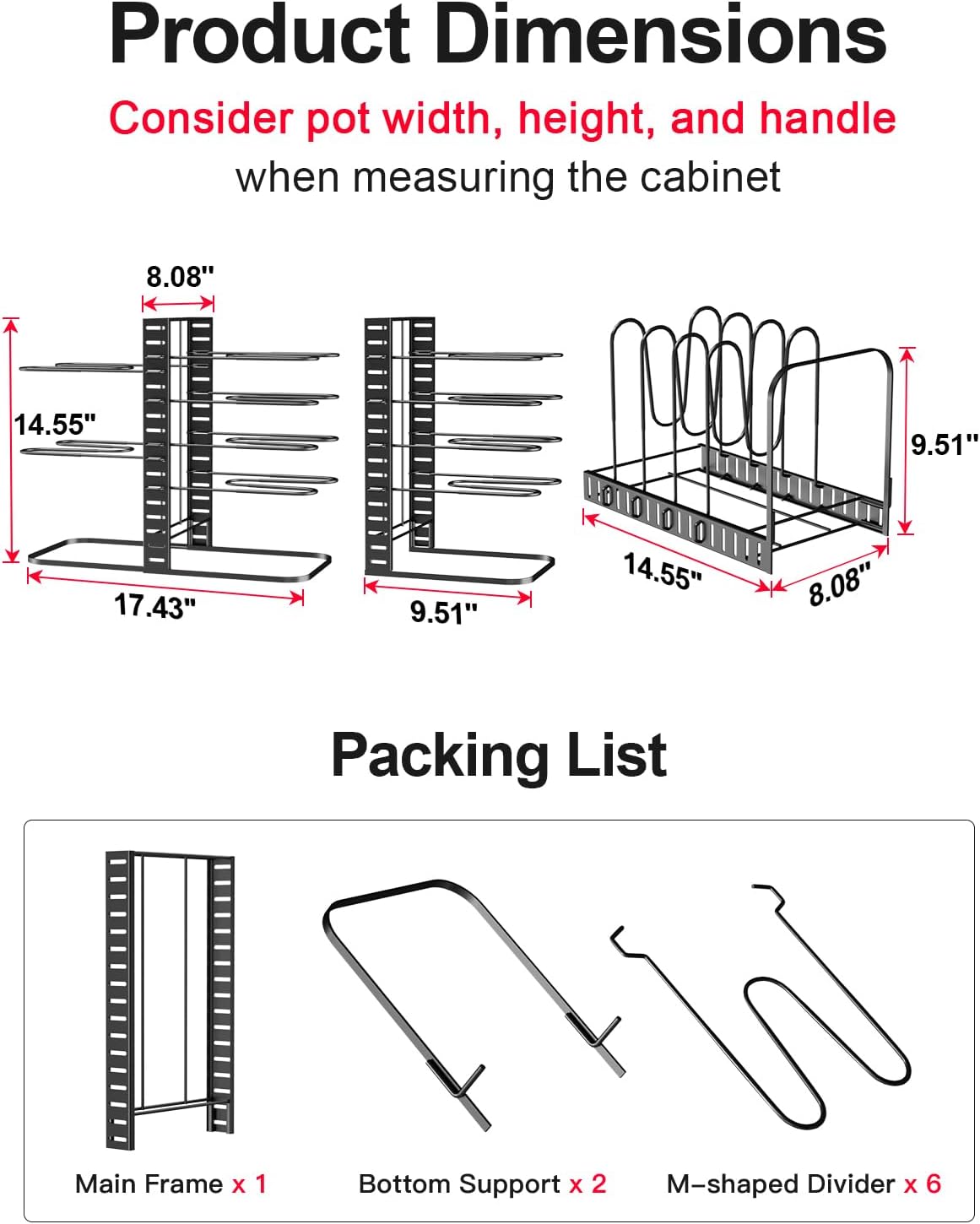 8-Tier Lightweight Pots and Pans Organizer under Cabinet, 14.55" H | 3 DIY Methods, Adjustable pot rack, Fits 6"-11" pots and pans, Pot lid organizer inside cabinet, Kitchen storage