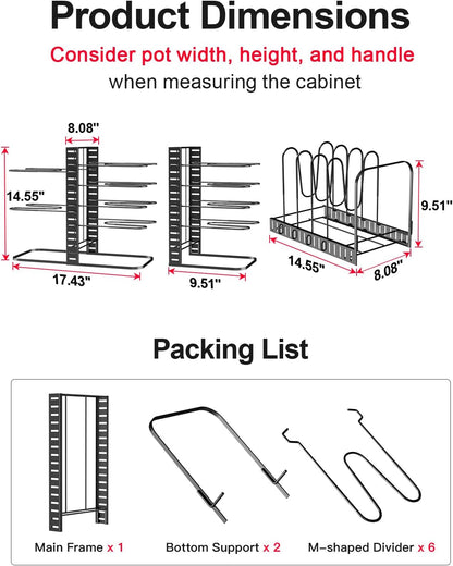 8-Tier Lightweight Pots and Pans Organizer under Cabinet, 14.55" H | 3 DIY Methods, Adjustable pot rack, Fits 6"-11" pots and pans, Pot lid organizer inside cabinet, Kitchen storage