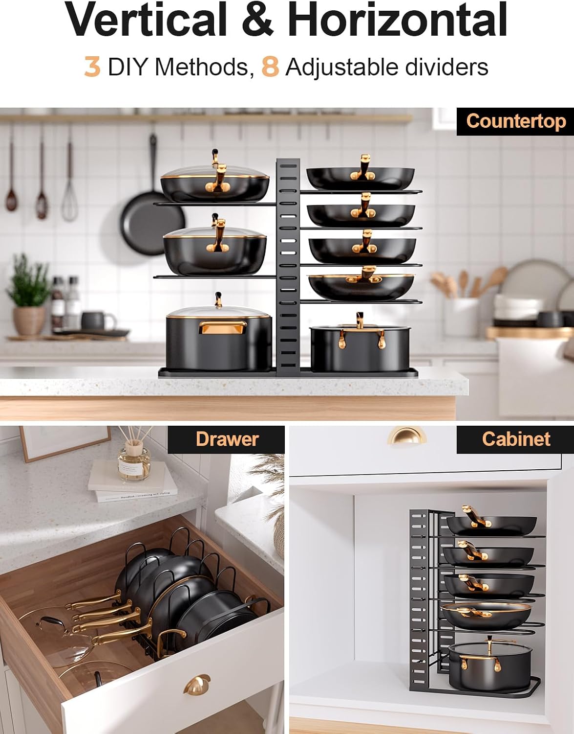 8-Tier Lightweight Pots and Pans Organizer under Cabinet, 14.55" H | 3 DIY Methods, Adjustable pot rack, Fits 6"-11" pots and pans, Pot lid organizer inside cabinet, Kitchen storage