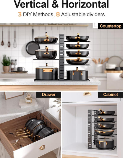 8-Tier Lightweight Pots and Pans Organizer under Cabinet, 14.55" H | 3 DIY Methods, Adjustable pot rack, Fits 6"-11" pots and pans, Pot lid organizer inside cabinet, Kitchen storage