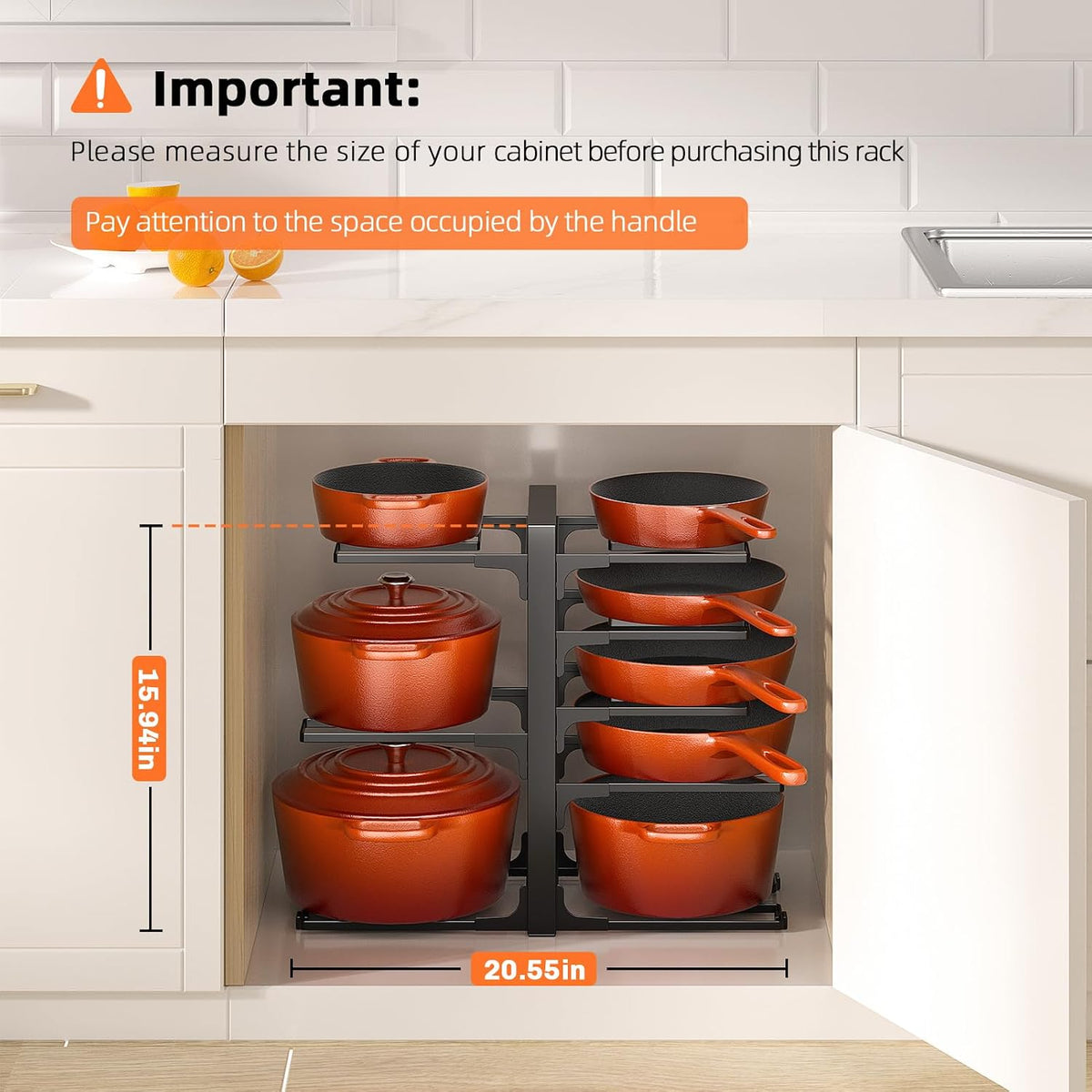 8-Tier Lightweight Pots and Pans Organizer under Cabinet, 14.55" H | 3 DIY Methods, Adjustable pot rack, Fits 6"-11" pots and pans, Pot lid organizer inside cabinet, Kitchen storage
