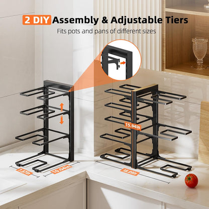 8-Tier Lightweight Pots and Pans Organizer under Cabinet, 14.55" H | 3 DIY Methods, Adjustable pot rack, Fits 6"-11" pots and pans, Pot lid organizer inside cabinet, Kitchen storage