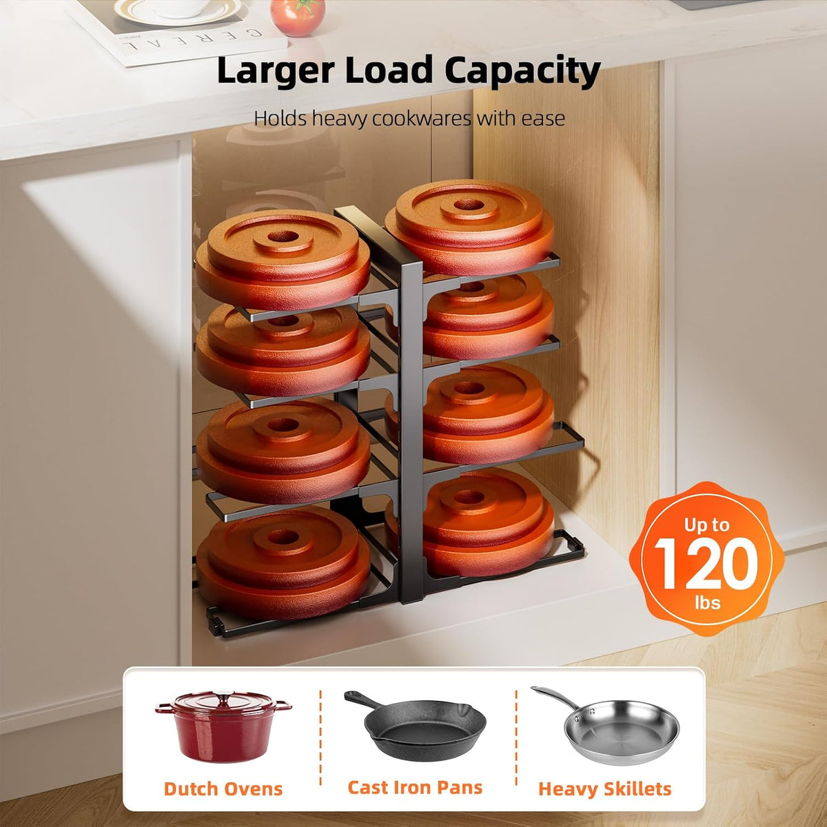 8-Tier Lightweight Pots and Pans Organizer under Cabinet, 14.55" H | 3 DIY Methods, Adjustable pot rack, Fits 6"-11" pots and pans, Pot lid organizer inside cabinet, Kitchen storage