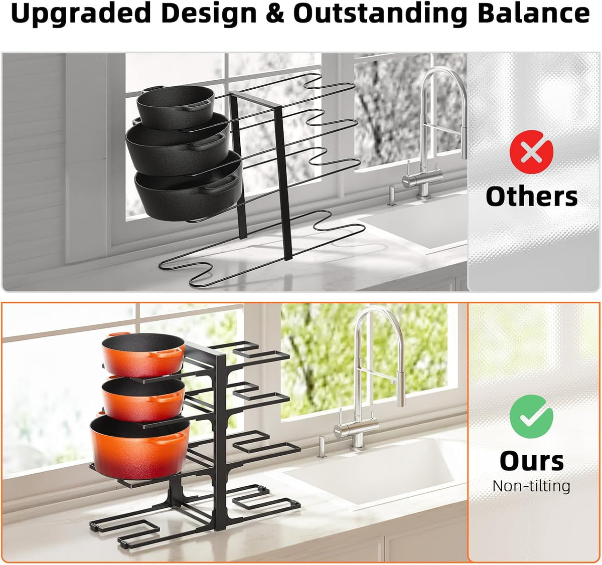 8-Tier Lightweight Pots and Pans Organizer under Cabinet, 14.55" H | 3 DIY Methods, Adjustable pot rack, Fits 6"-11" pots and pans, Pot lid organizer inside cabinet, Kitchen storage