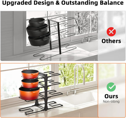 8-Tier Lightweight Pots and Pans Organizer under Cabinet, 14.55" H | 3 DIY Methods, Adjustable pot rack, Fits 6"-11" pots and pans, Pot lid organizer inside cabinet, Kitchen storage