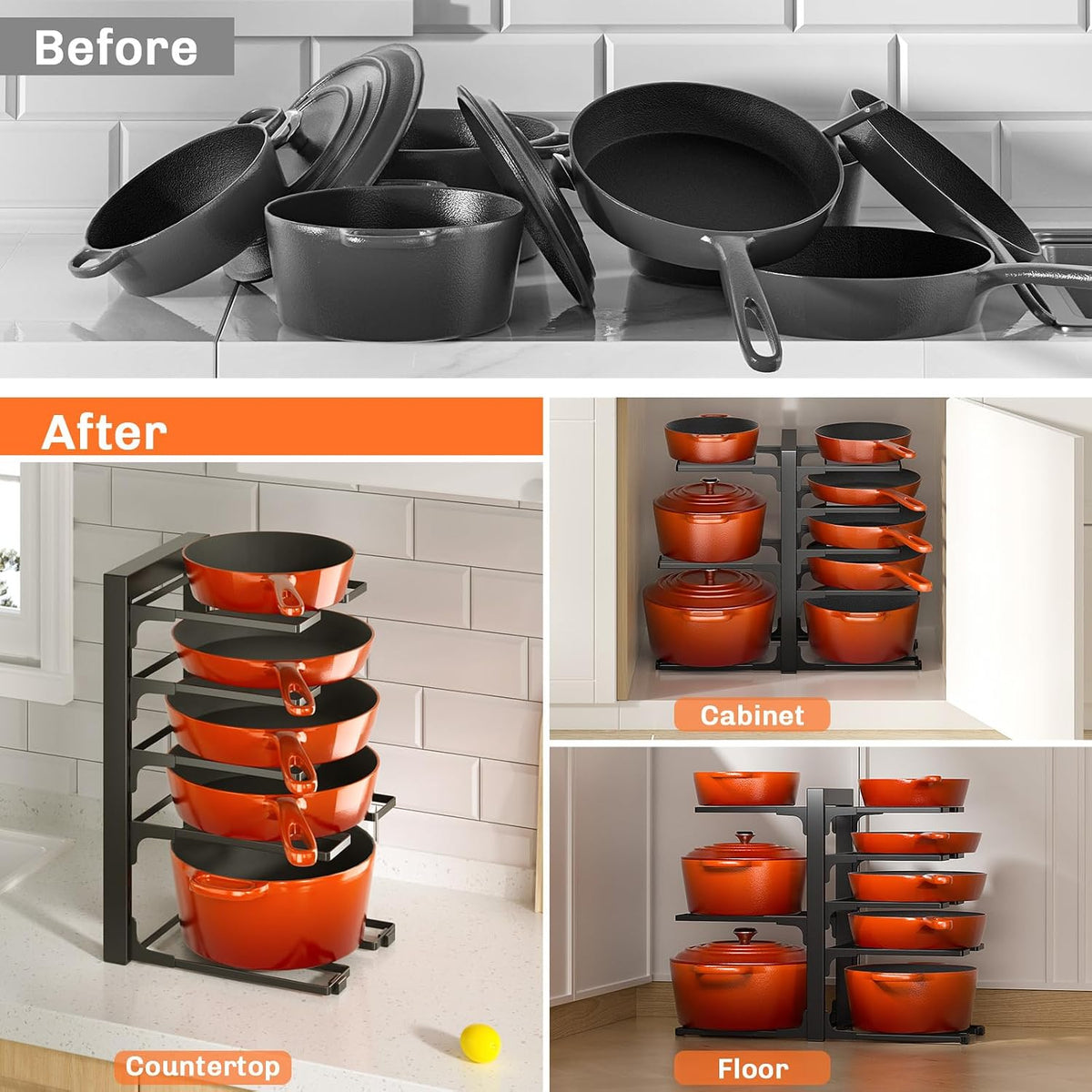 8-Tier Lightweight Pots and Pans Organizer under Cabinet, 14.55" H | 3 DIY Methods, Adjustable pot rack, Fits 6"-11" pots and pans, Pot lid organizer inside cabinet, Kitchen storage