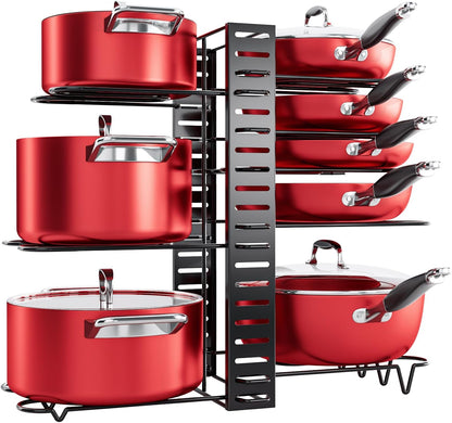 8-Tier Lightweight Pots and Pans Organizer under Cabinet, 14.55" H | 3 DIY Methods, Adjustable pot rack, Fits 6"-11" pots and pans, Pot lid organizer inside cabinet, Kitchen storage