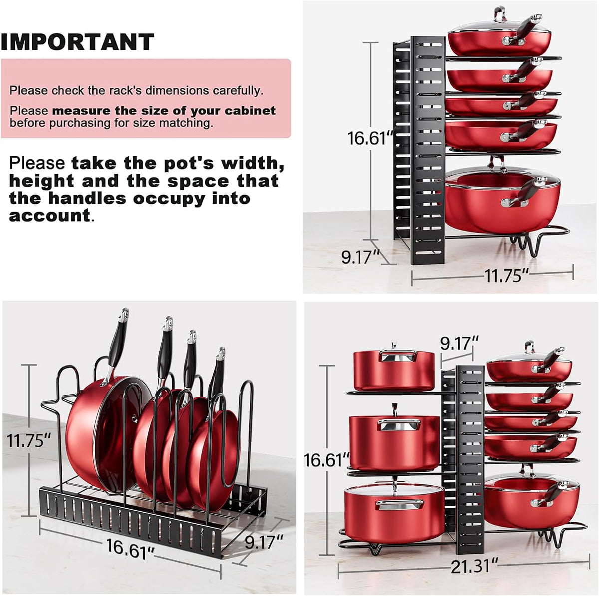 8-Tier Lightweight Pots and Pans Organizer under Cabinet, 14.55" H | 3 DIY Methods, Adjustable pot rack, Fits 6"-11" pots and pans, Pot lid organizer inside cabinet, Kitchen storage