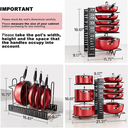 8-Tier Lightweight Pots and Pans Organizer under Cabinet, 14.55" H | 3 DIY Methods, Adjustable pot rack, Fits 6"-11" pots and pans, Pot lid organizer inside cabinet, Kitchen storage