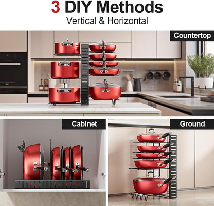 8-Tier Lightweight Pots and Pans Organizer under Cabinet, 14.55" H | 3 DIY Methods, Adjustable pot rack, Fits 6"-11" pots and pans, Pot lid organizer inside cabinet, Kitchen storage
