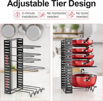8-Tier Lightweight Pots and Pans Organizer under Cabinet, 14.55" H | 3 DIY Methods, Adjustable pot rack, Fits 6"-11" pots and pans, Pot lid organizer inside cabinet, Kitchen storage
