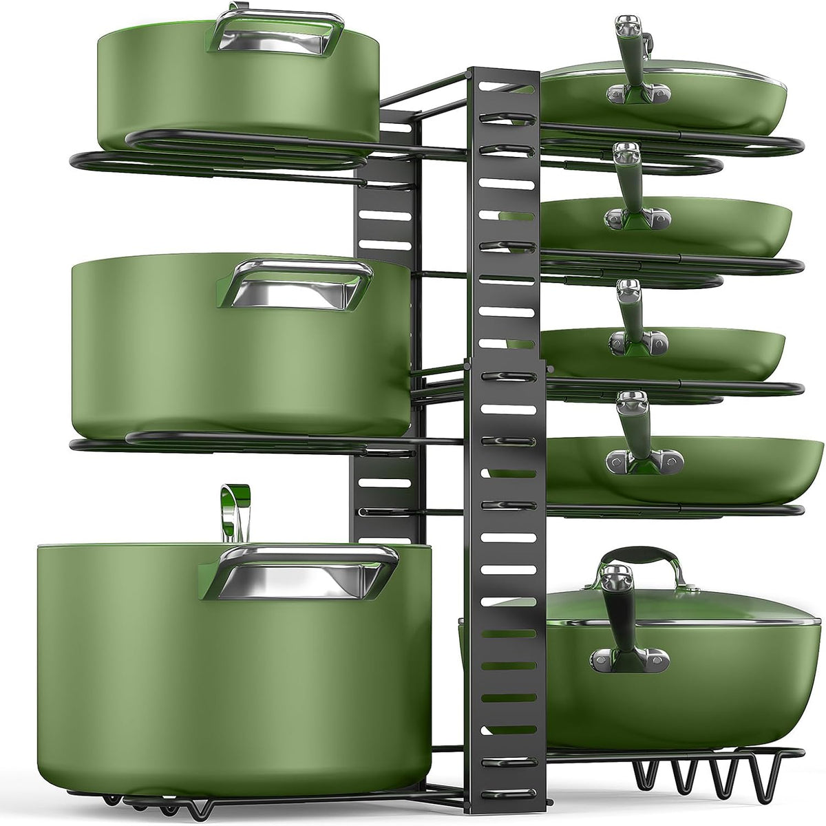 8-Tier Lightweight Pots and Pans Organizer under Cabinet, 14.55" H | 3 DIY Methods, Adjustable pot rack, Fits 6"-11" pots and pans, Pot lid organizer inside cabinet, Kitchen storage