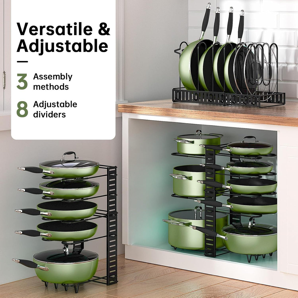 8-Tier Lightweight Pots and Pans Organizer under Cabinet, 14.55" H | 3 DIY Methods, Adjustable pot rack, Fits 6"-11" pots and pans, Pot lid organizer inside cabinet, Kitchen storage