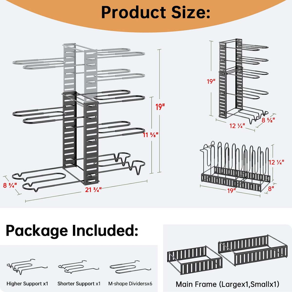8-Tier Lightweight Pots and Pans Organizer under Cabinet, 14.55" H | 3 DIY Methods, Adjustable pot rack, Fits 6"-11" pots and pans, Pot lid organizer inside cabinet, Kitchen storage